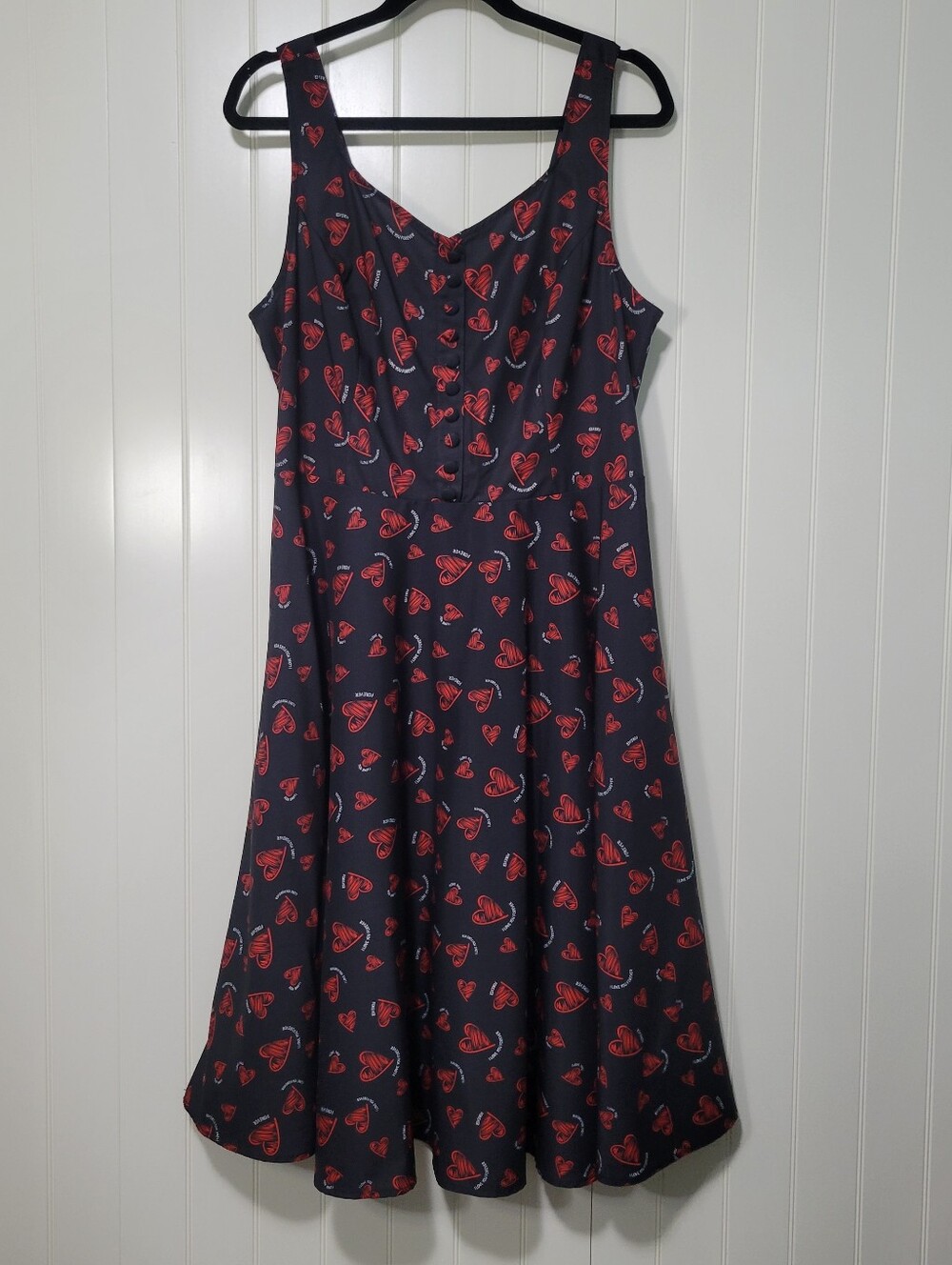 2XL Black 50s 60s Retro Rockabilly Red Heart Love Graphic Print Aline Midi Dress